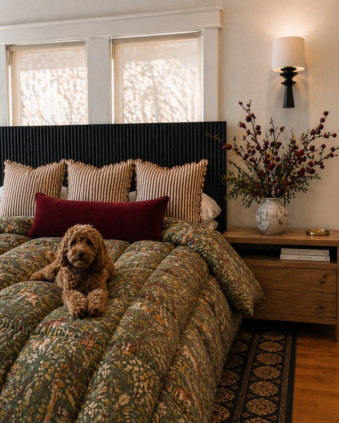 Warm primary bedroom interior design by Design Well Studio, Saratoga CA — moody black headboard with forest green bedding and floral rug
